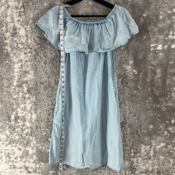 Beach Lunch Lounge Sz XS Floral Embroidered Boho Ruffle Neckline Mini Dress Blue - Picture 2 of 8